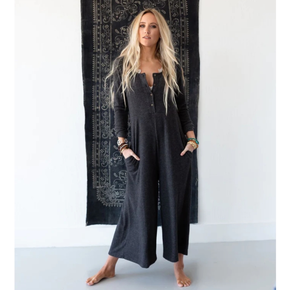 NWOT Three Bird Nest Simply Comfort Jumpsuit Charcoal Grey Size Medium